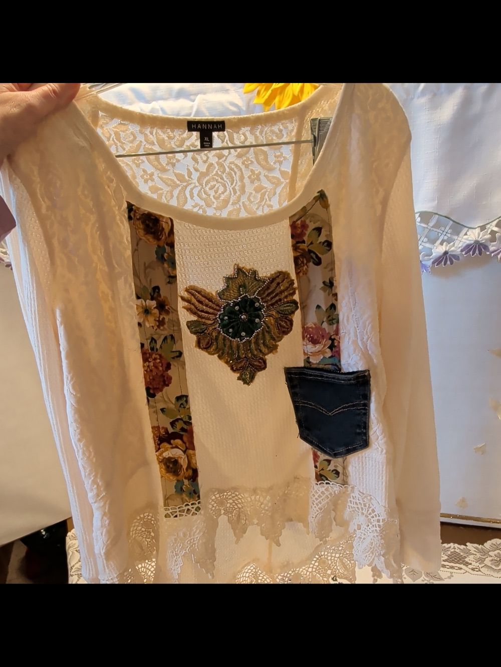Hannah Cream Mixed-Lace Blouse with Floral Panels and Denim Pocket